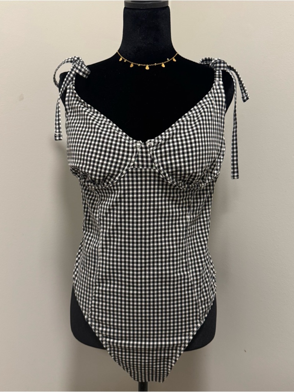 Forever 21 Black & White Gingham Tie-Shoulder Swimwear